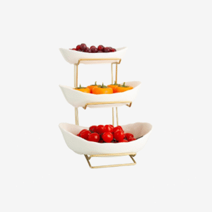 YYW 3-Tier White Gold Ceramic Fruit Stand for Countertop